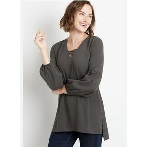 Maurices Gray Lantern‎ Sleeve Lattice Neck Tunic Blouse Womens XL